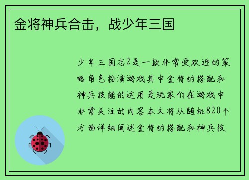 金将神兵合击，战少年三国